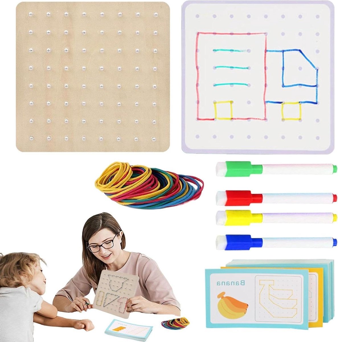 Houten Geoboard - Wiskundig Speelgoed - Leren en Spelen - Bevordert Fijne Motoriek - 18x18 cm - Houtkleur