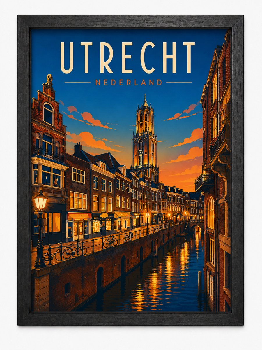 Utrecht Vintage Poster | Retro Stadsillustratie Domtoren | Inclusief Zwarte A4 Lijst