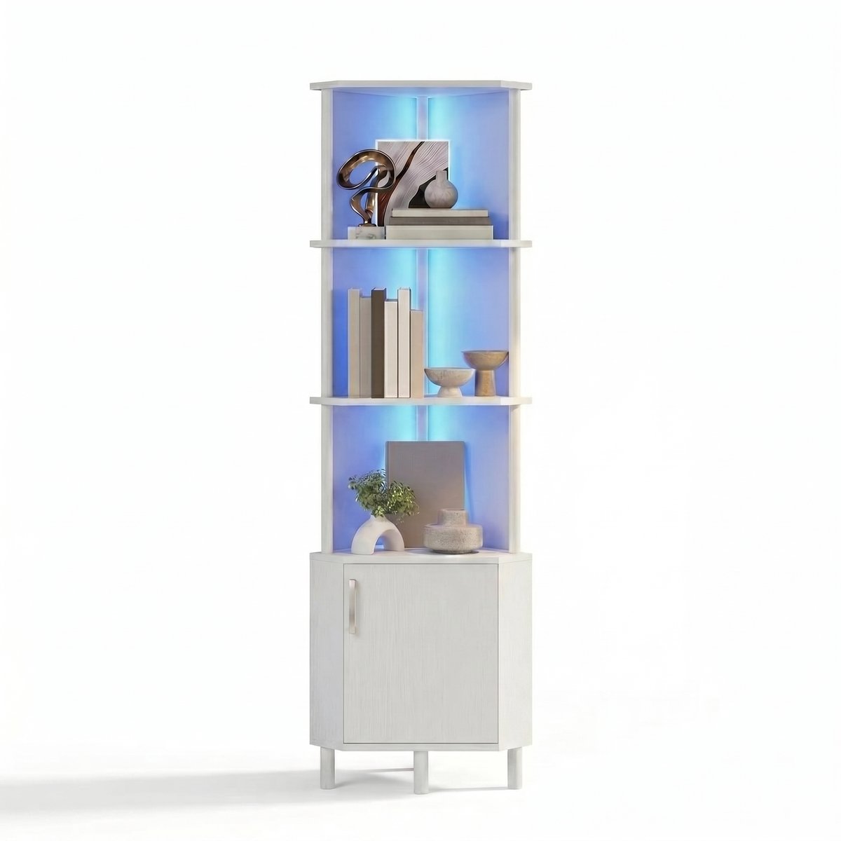 NordHaus Hoekboekenkast met LED-Verlichting en Opbergkast - Ruimtebesparende Hoekplank voor Woonkamer, Slaapkamer en Badkamer - Wit - 147,5 cm