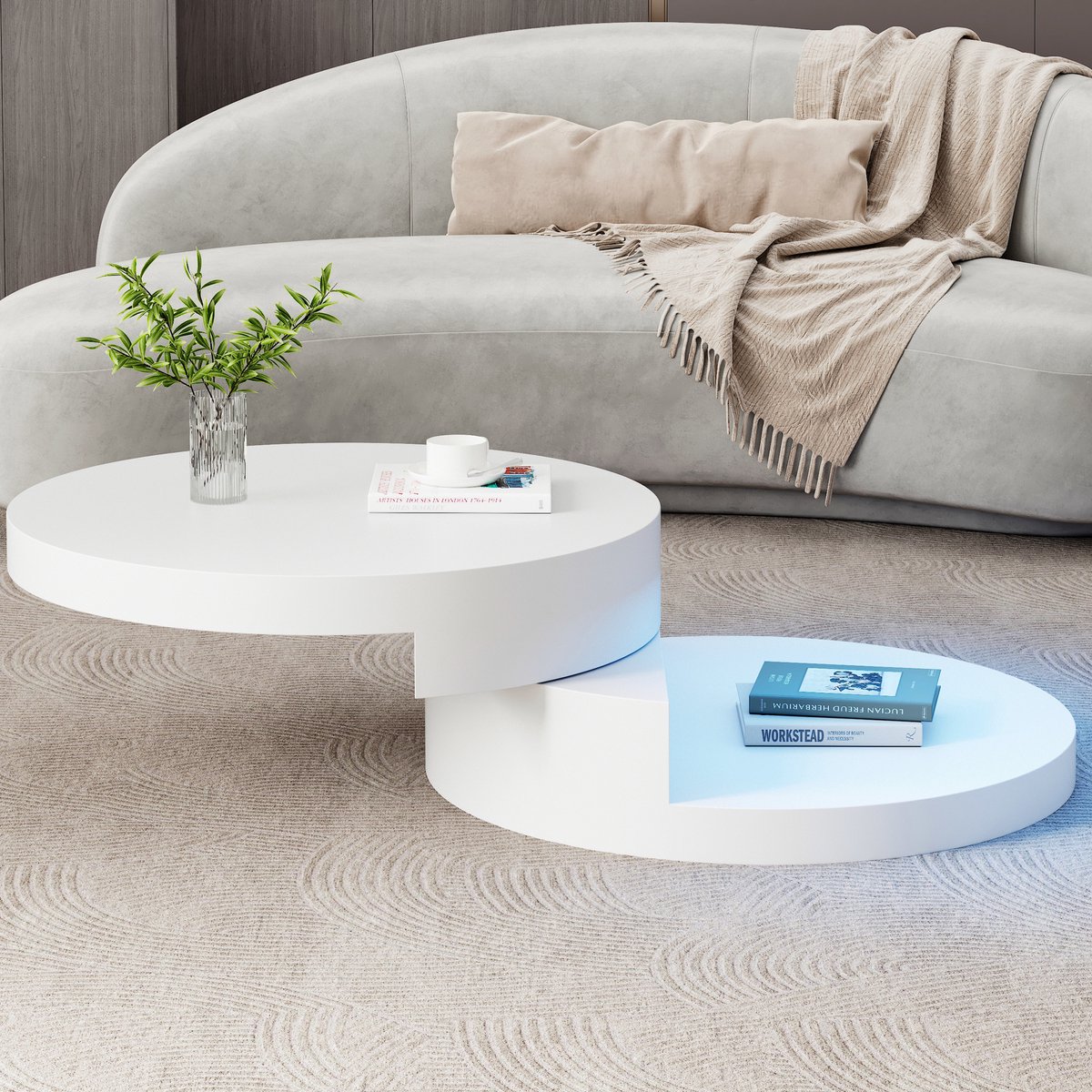 DESMIU Salontafel - Draaibaar Tafelblad Met Ledverlichting En Opbergruimte - Voor Woonkamer En Zithoek - MDF - 70x70x35,5 cm - Wit