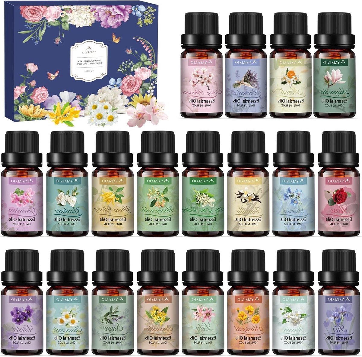 Set van 20 x 10 ml Essentiële Olie voor Diffuser en Aromatherapie, Pure Geuroliën voor Massage, Zeep en Geurkaarsen, Perfect als Cadeau voor Vrouwen, Kerst en Verjaardag