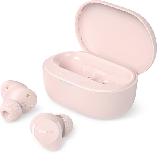 Roze oordopjes met open case op witte achtergrond.