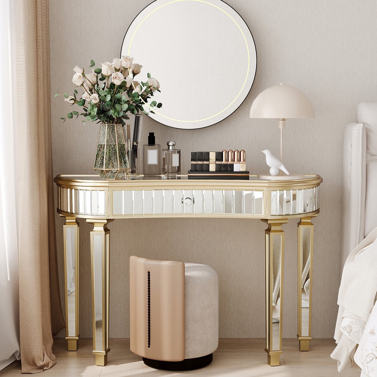 DESMIU Halvemaan Consoletafel Met Spiegelglas En Lade - Elegant Voor Hal, Woonkamer En Slaapkamer - MDF En Glas - Goud En Zilver - 120x38x78 Cm