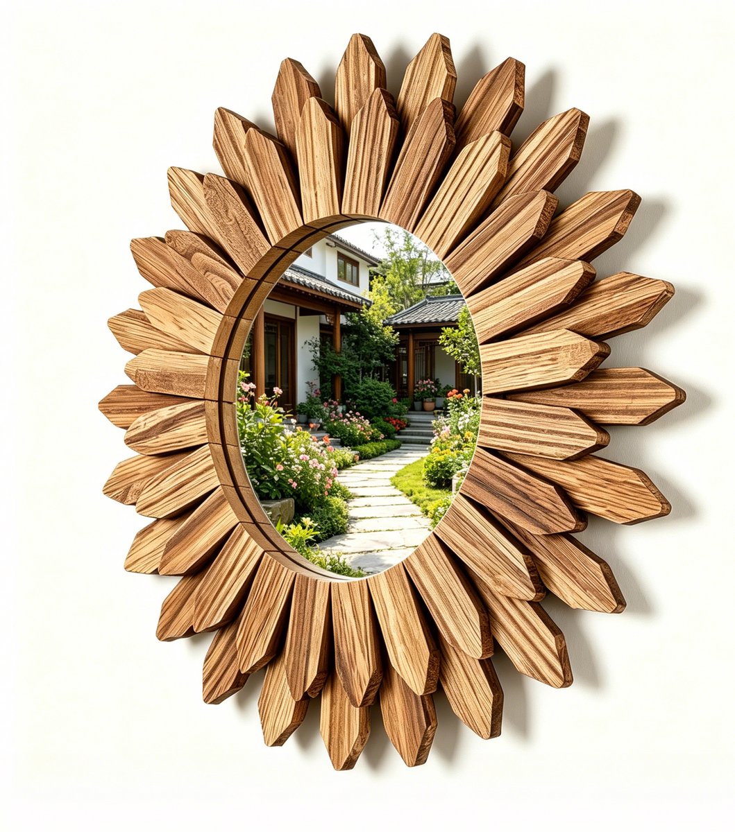 Plakspiegel - Boho Zonnespiegel – Decoratieve Houten Wandspiegel 30 cm – Sunburst Spiegel voor Woonkamer, Hal, Slaapkamer en Badkamer – Naturel