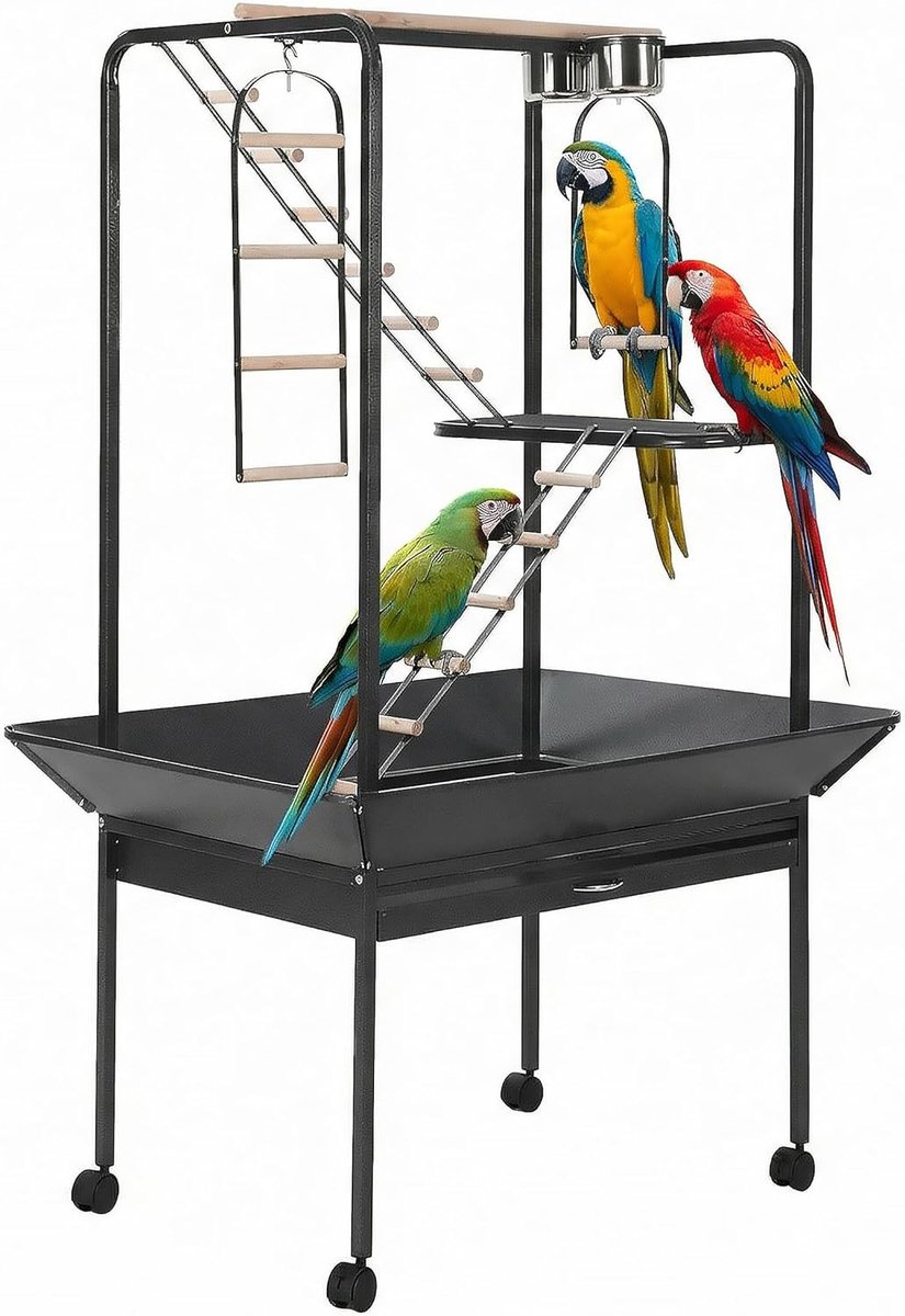 Grote stevige vogelkooi op wieltjes 82x58x163 cm met zitstokken, ladder, draaibare ring en uitneembaar plateau, ruime volière geschikt voor papegaaien, ara’s, conures, parkieten en valkparkieten