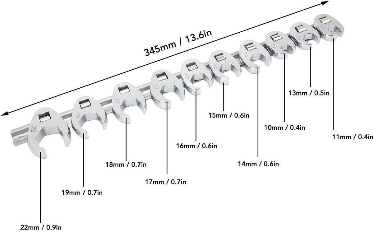 Dailygoods- Kraaienvoetmoersleutelset 10 Stuks - Metrische Maten 10-22 mm - Heavy Duty Constructie - Roestvrij Staal - Gemakkelijk Toegang tot Krappe Ruimtes - Ontwerp met Vierkante Kopopening - Moersleutelset