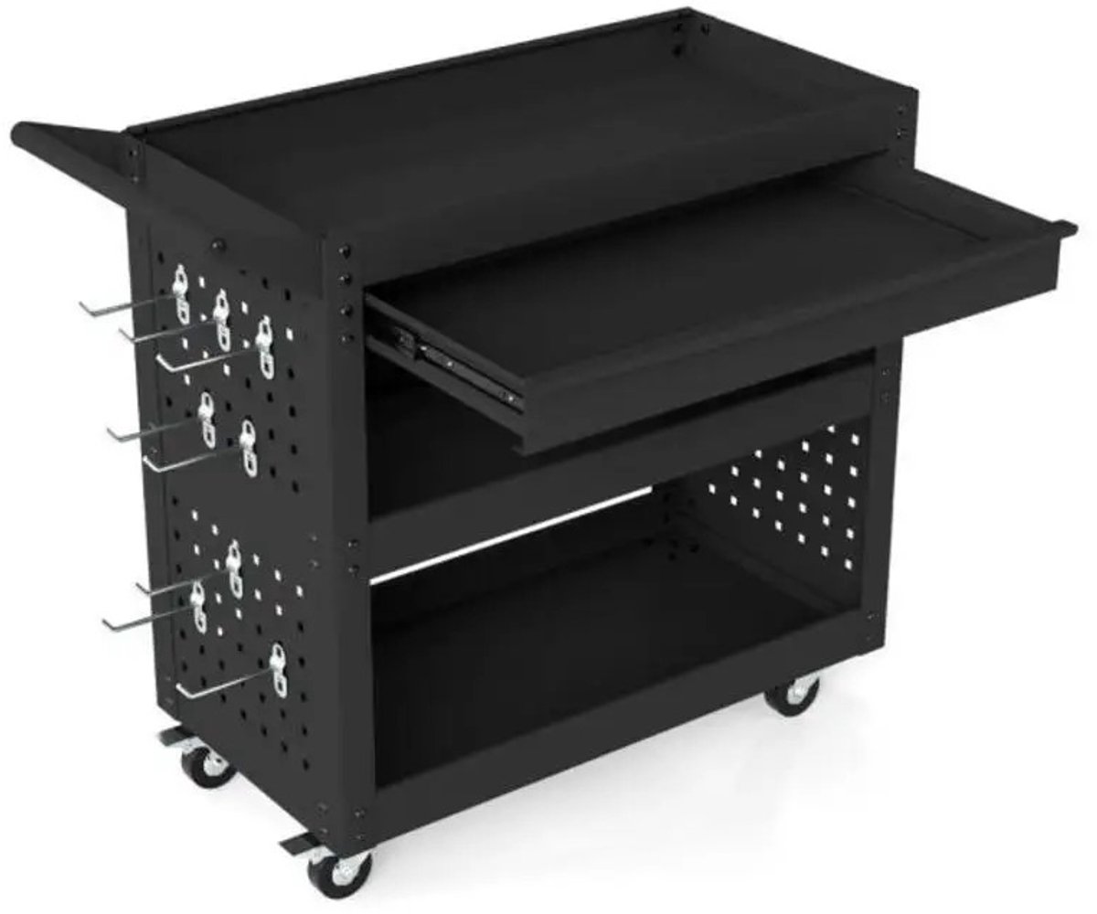 Dailygoods 3-laags stalen gereedschapswagen met grote lade en 2 wandplanken - zwart