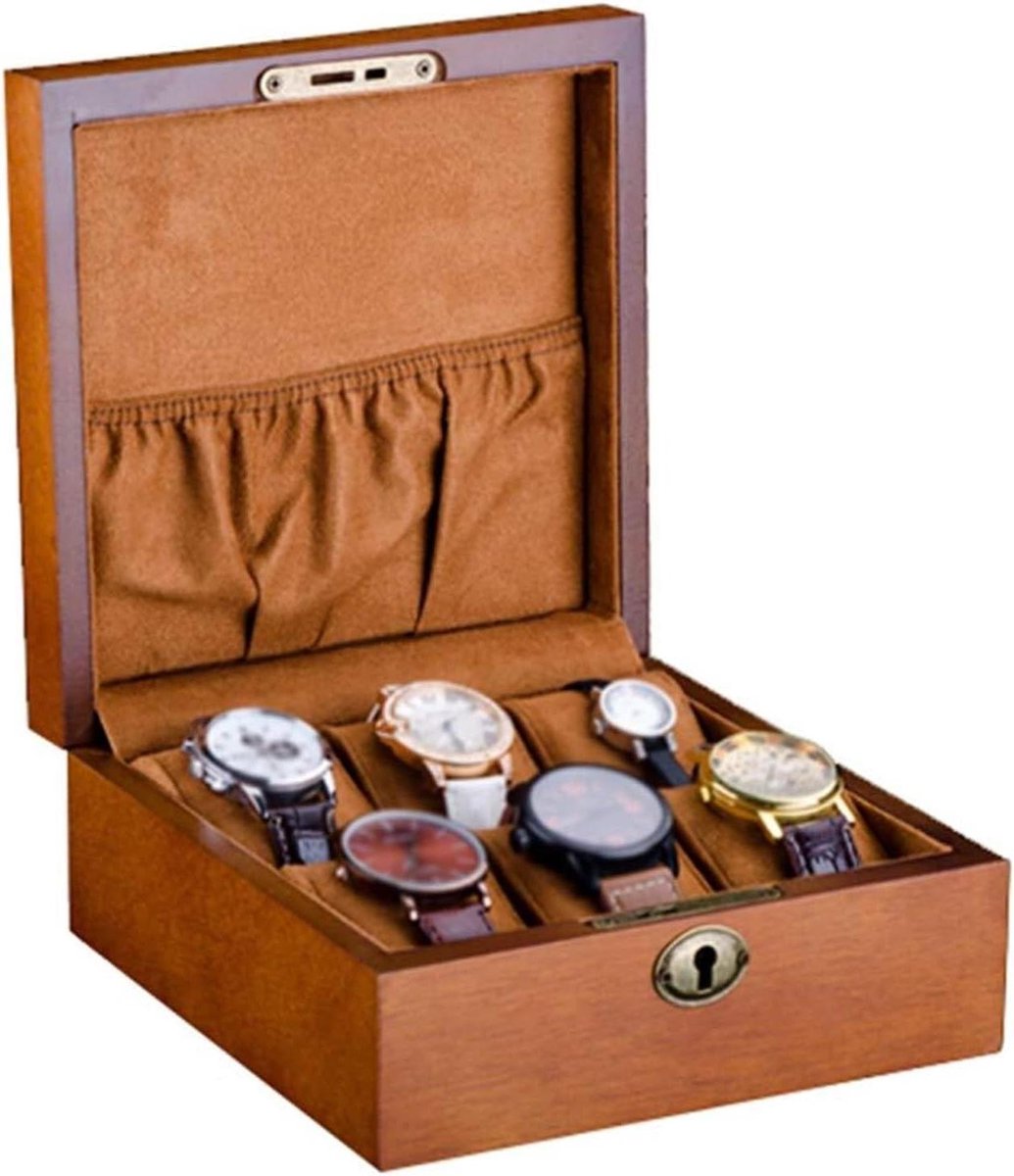 Houten Sieradenkist - Horloge Opberger - Sieraden Opbergen - 6 Zachte Vakken - 19.5 x 19.5 x 8.5 cm - Houtkleur
