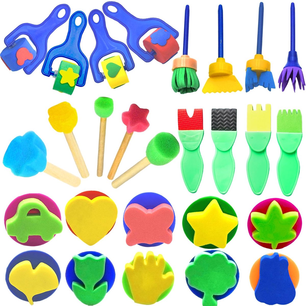 Dailygoods- Sponsschilderpenselenset 29 stuks - Herbruikbare Sponskwasten - Kleurrijke Schuimkwasten - Vroeg Onderwijs Schildersbenodigdheden - Lichtgewicht en Duurzaam - Geschikt voor School en Thuis - Schilderbenodigdheden