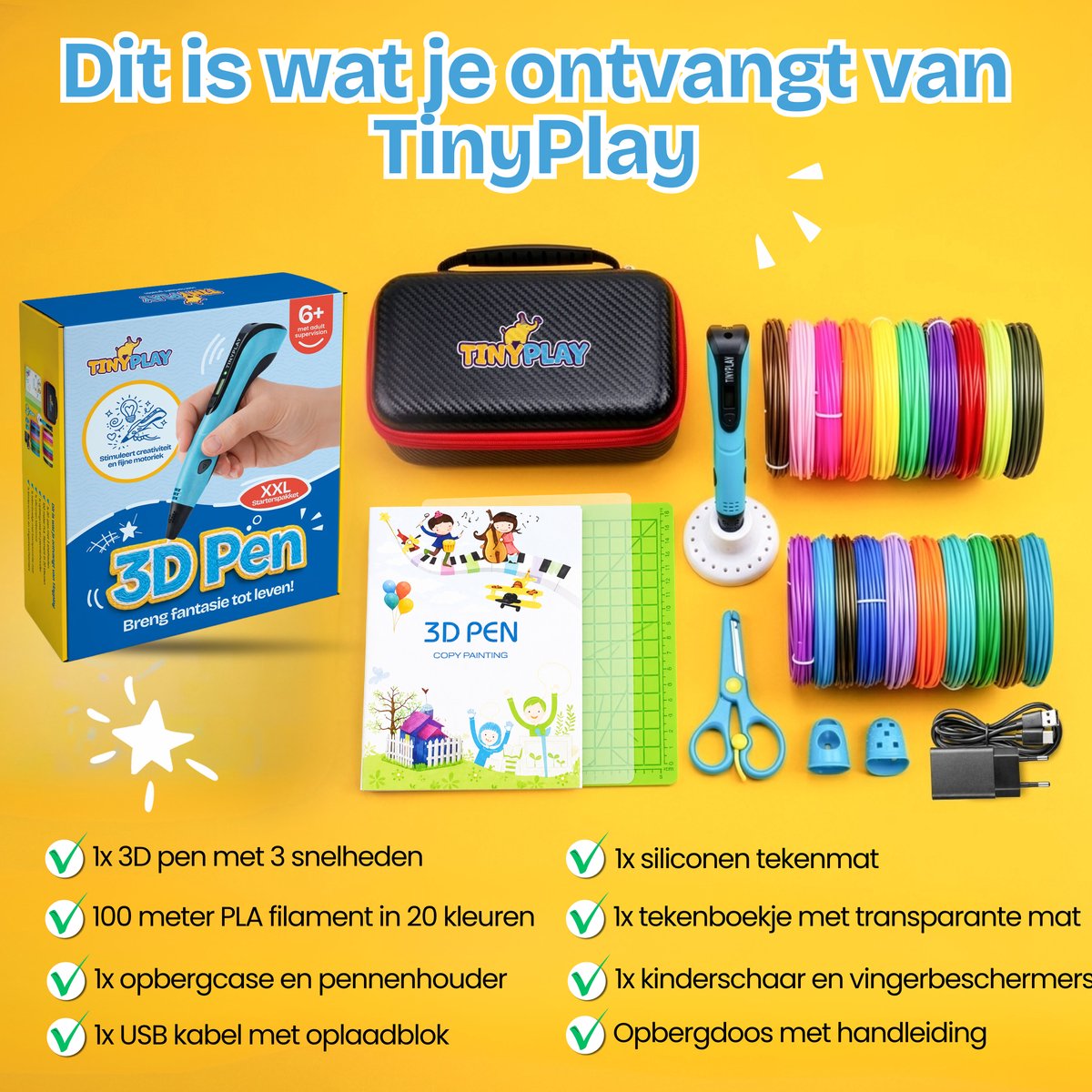 TinyPlay 3D Pen Starterspakket XXL – 3D tekenen - 100m Vullingen PLA Filament 1.75 mm – 3d pennen tekenset - Voor kinderen - Sjablonen boek - Opbergcase en tekenmat – Blauw — afbeelding 2