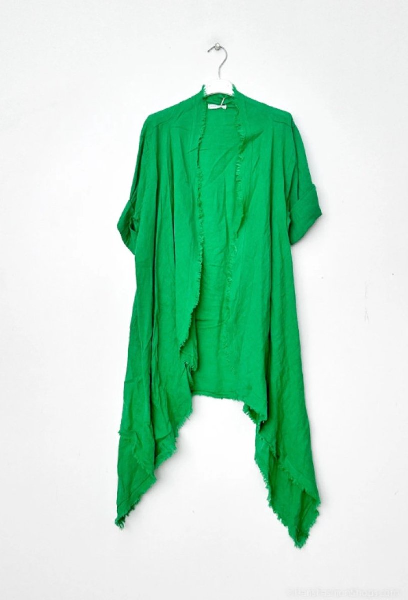 Lange asymmetrische linnen vest - Ruwe stijl - GRAS GROEN - luchtige zomer vest onesize