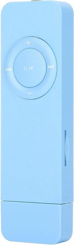 Lichtblauwe rechthoekige MP3-speler met een ronde bedieningsring en een zijslot voor een geheugenkaart.