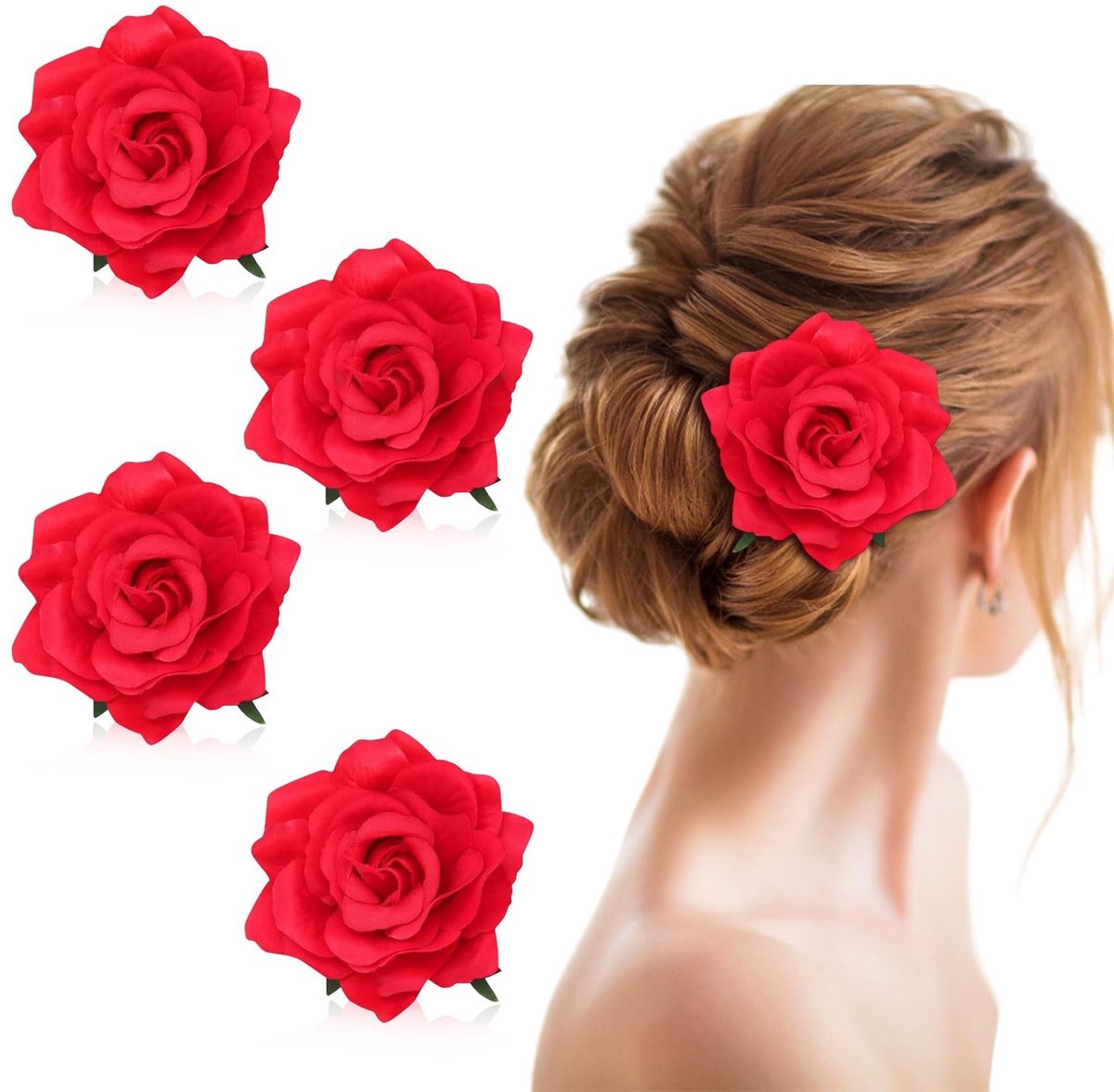 Dailygoods- Haarspelden 4 Stuks - Rood - Bloemen - Haaraccessoires Vrouwen - Haaraccessoires Meisje - Lichtgewicht en Duurzaam