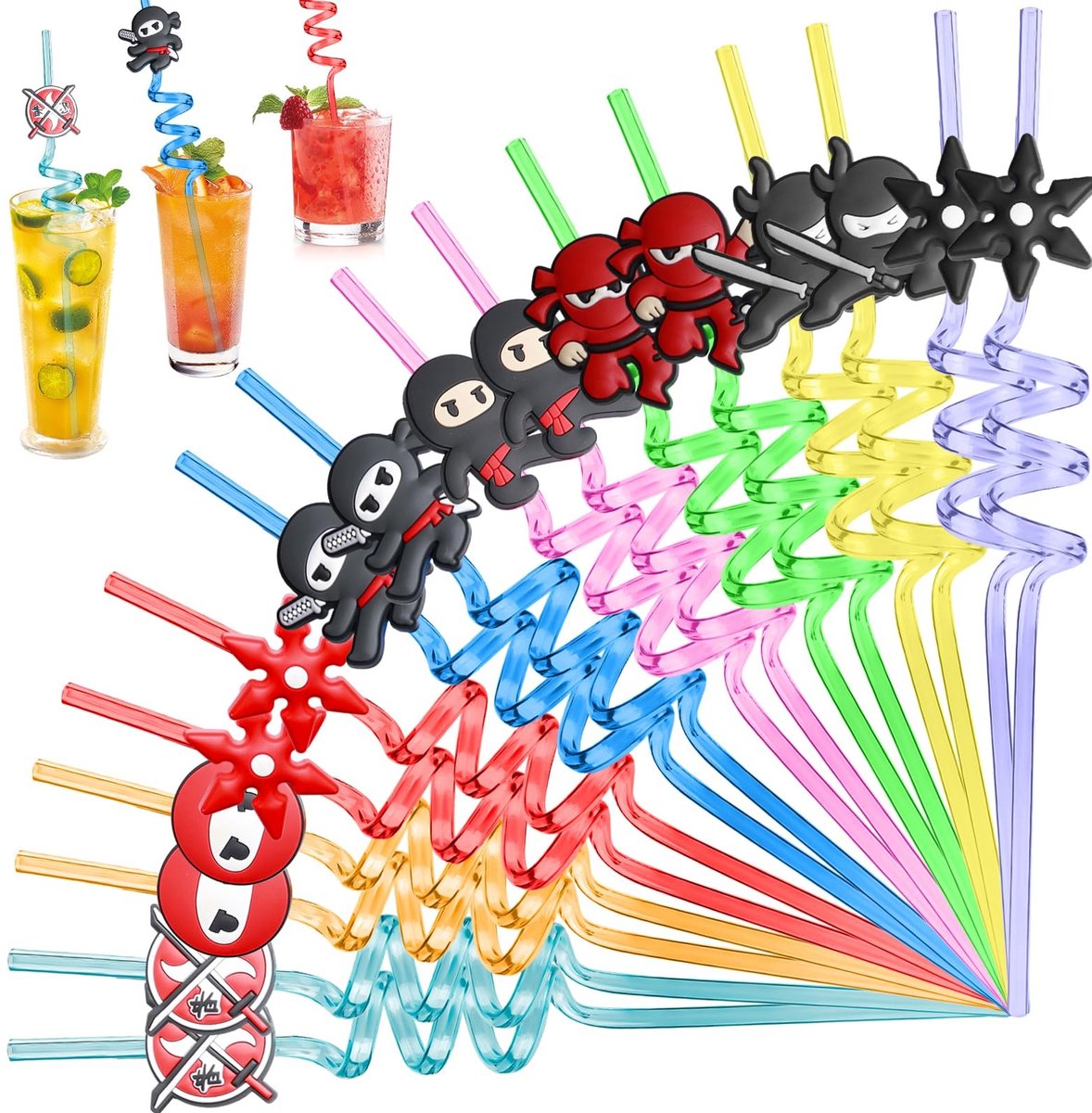 Dailygoods- Verjaardagsdecoratierietjes - Herbruikbaar kunststof - Zachte spiraalrietjes - Veilig voor kinderen - Kleurrijk feestrietje - Perfect voor Ninja-themafeesten - Feestrietjes