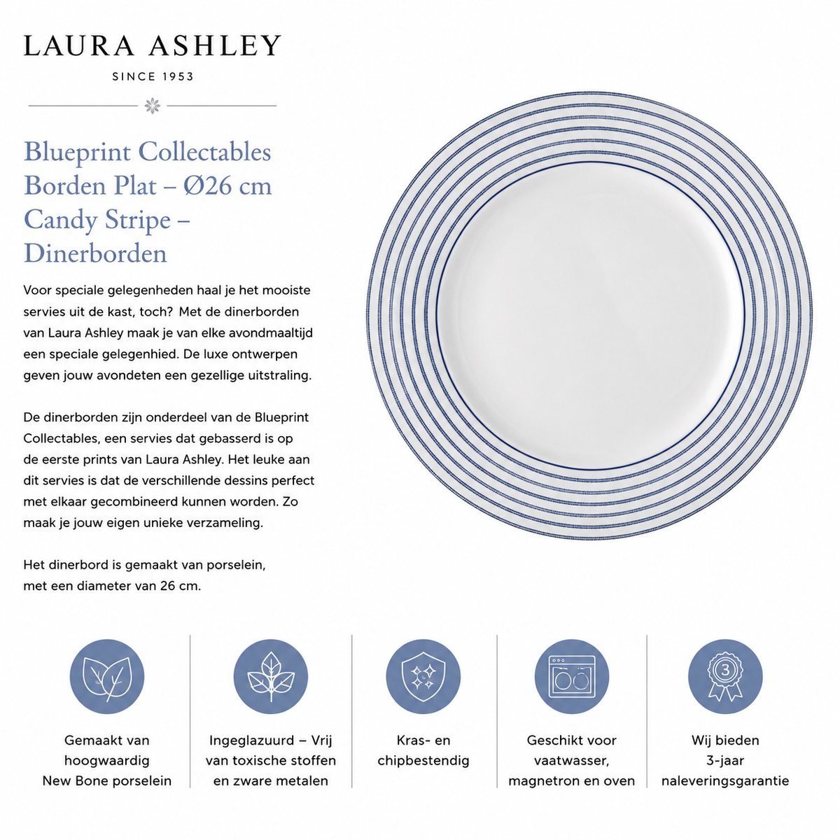 Laura Ashley Blueprint Collectables Borden Plat - Ø26 cm Candy Stripe - Dinerborden - Kerstservies