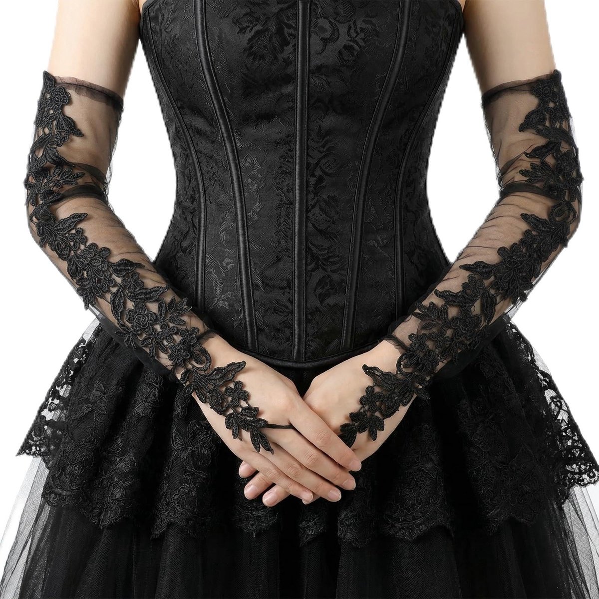 Dailygoods- Vingerloze Handschoenen - Zwarte Kanten - Elegante Dameshandschoenen - Vintage Charme - Ademend Polyester - Perfect voor Bruiloft en Halloween - Avondhandschoenen