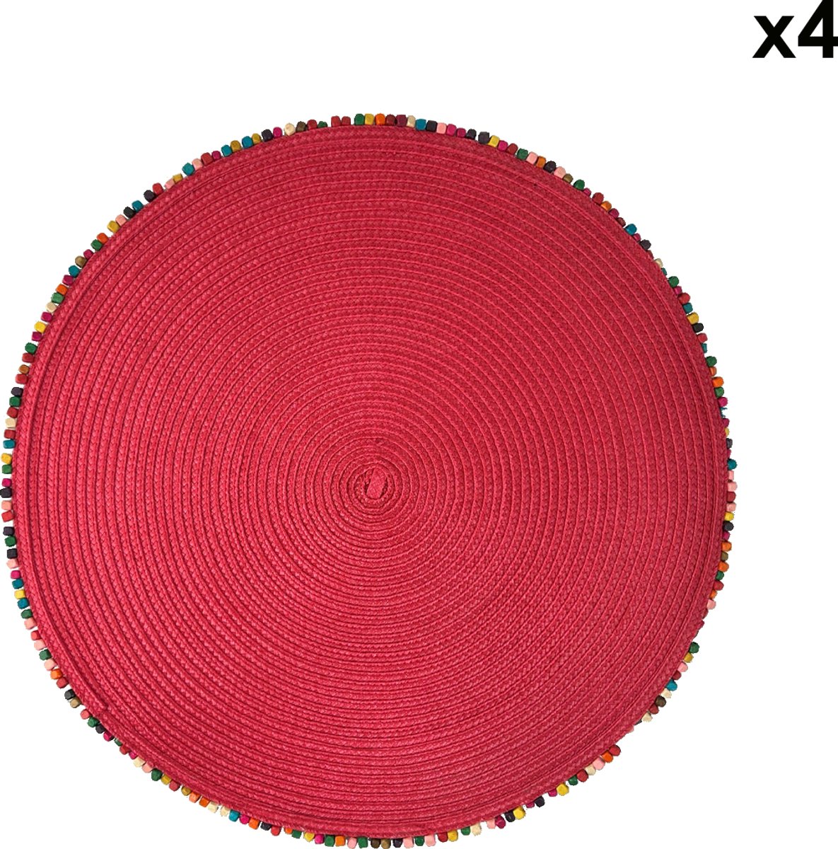 Arca BORDATO Set van 4 Rode Placemats Rond 38cm, met speelse houten kralen afboording - polyester - onderhoudsvriendelijk