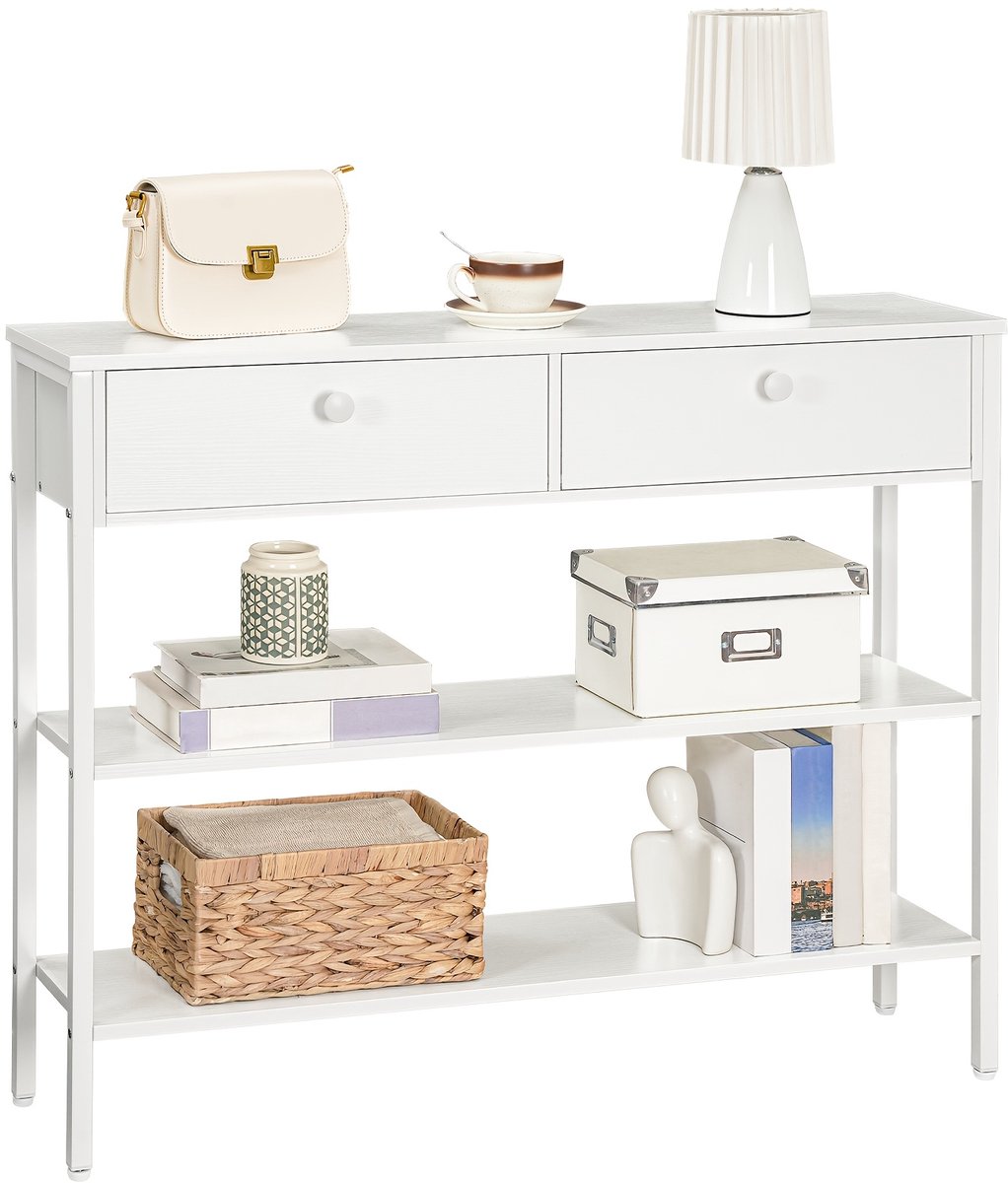 CINK Living® Consoletafel met 2 Lades en 2 Opbergplanken – Smalle Haltafel voor Entree en Woonkamer – Sidetable – 100 x 24 x 80 cm – Wit