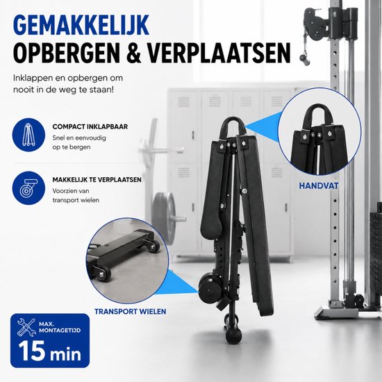 Zwarte inklapbare halterbank met handvat en transportwielen.