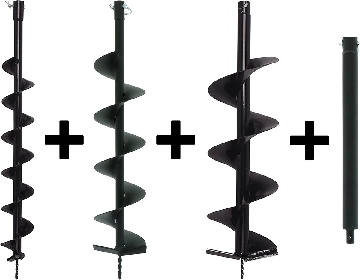 Kibani Grondborenset 100 mm + 150 mm + 200 mm + Verlengstuk - Palenboor - Losse Borenset - Grondboorset