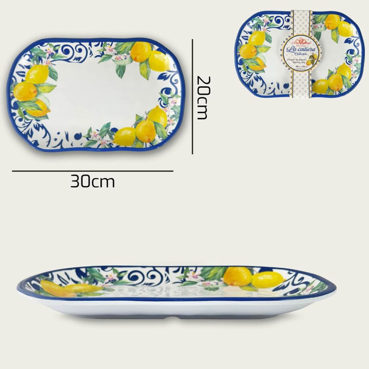 Arca Limoni Due collection - Set van 2 Rechthoekige Melamine Schalen/Borden 30x20xH3cm – licht in gewicht – makkelijk stapelbaar – voor binnen en buiten