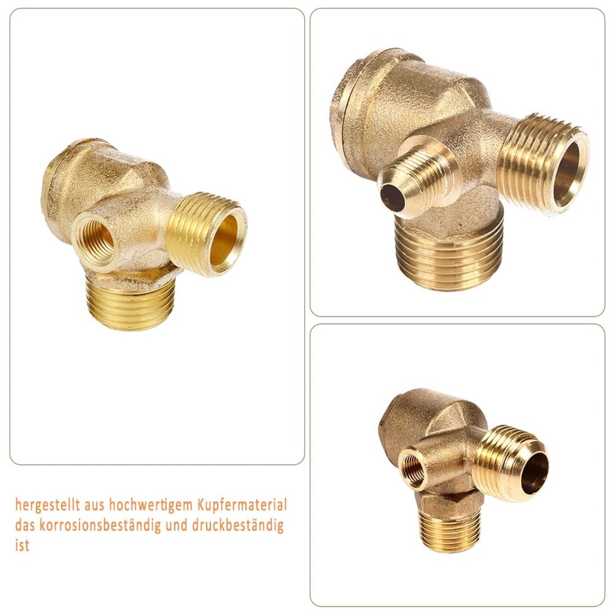 Dailygoods- Check Valve Hoogwaardige Vervangingsklep - 3-Weg - Luchtcompressor - Koper - Mannelijk - 1/2" x 3/8" x 1/8 - Luchtklep