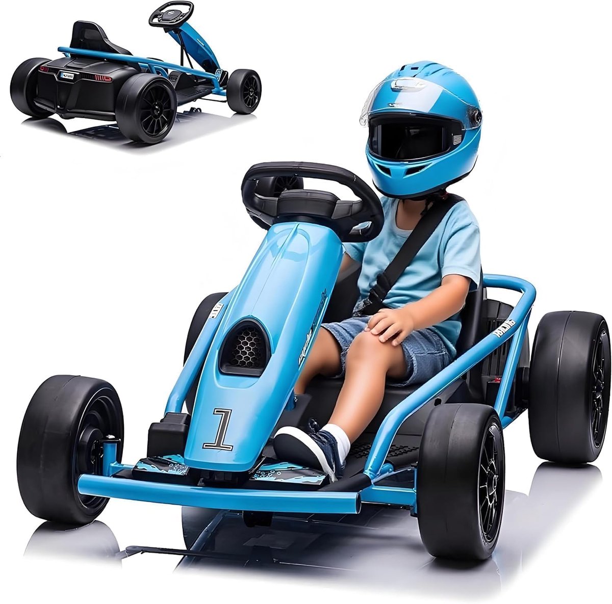 Elektrische kart voor kinderen 24 V – Elektrische auto met driftfunctie – 2 krachtige motoren van 300 W – Zachte start, muziek en claxon, volledig metalen frame – Voor kinderen van 8 tot 12 jaar – Blauw