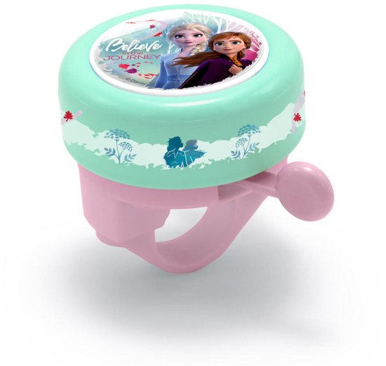 Turquoise fietsbel met roze houder. Afbeelding van Anna en Elsa met de tekst 'Believe in the Journey'.