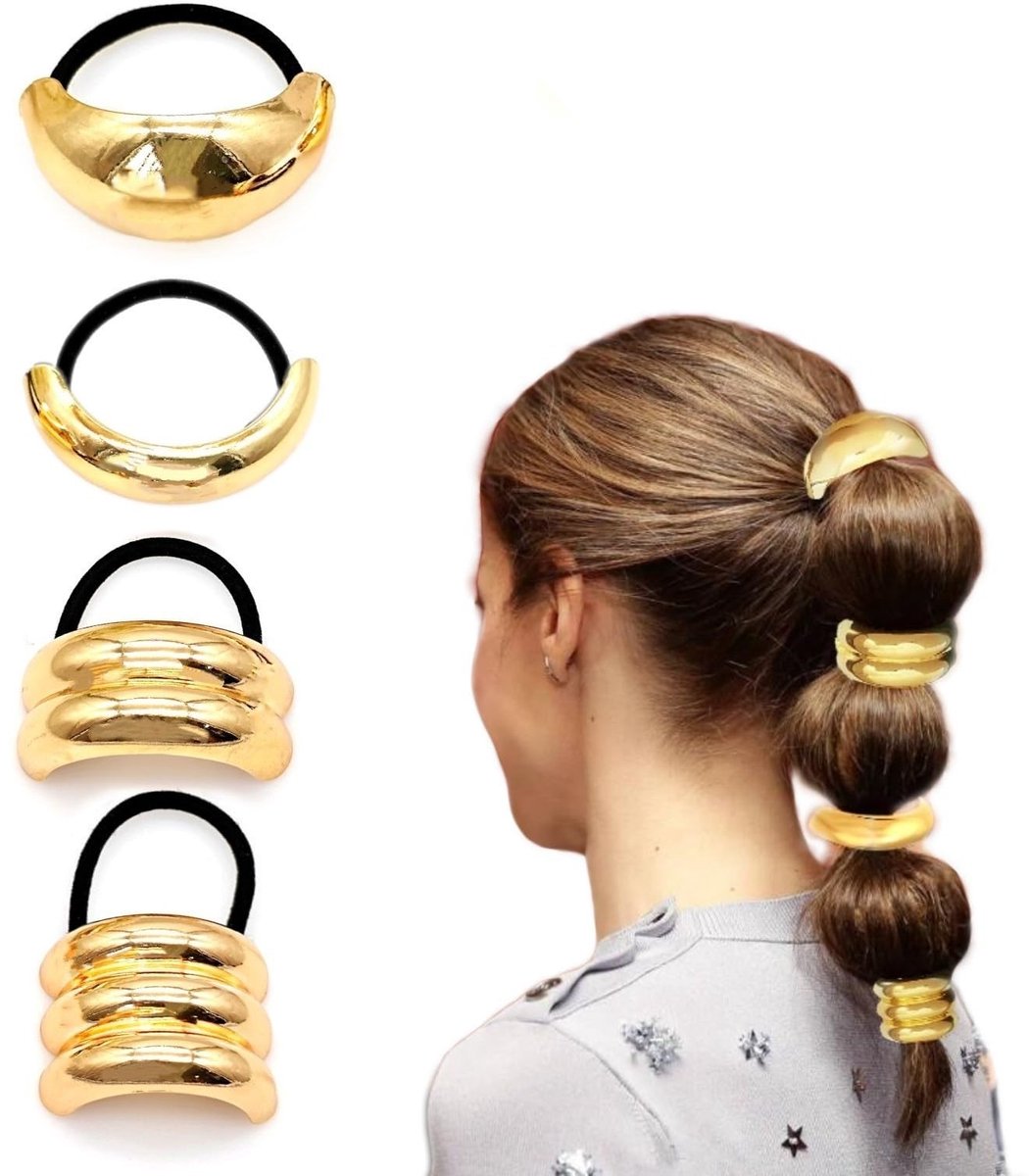 Dailygoods- Haarmanchetten 4x - Gouden Haarbanden - Elastische Haarbanden - Paardenstaart Houder - Metalen Haaraccessoires - Elegante Stijlen - Haarband