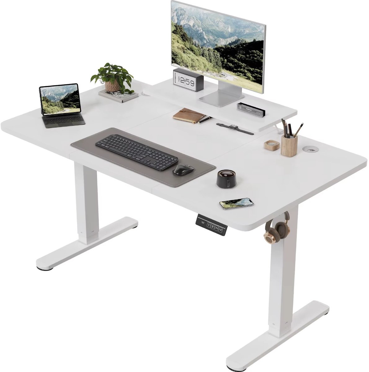 CreateEcom Bureau - Werktafel - In hoogte verstelbaar - Elektrisch - Zit/Sta Bureau - met monitorstandaard - 120 × 60 cm - wit