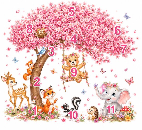 Grand autocollant mural cerisier en fleurs avec animaux de la forêt - Fleurs roses - Décoration chambre de bébé et d'enfant