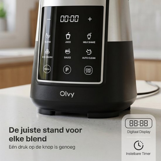 Close-up van het digitale display van een zwarte en zilveren blender, met de tekst 'Digitaal Display'.