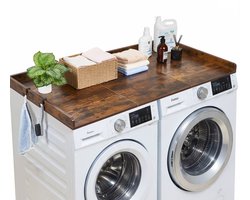 VEVOR Wasmachine en Droger Bovenplaat, 137 X 69,9 cm Houten Was- en Drogerbovenplaat met Rand en Haakjes, Waterbestendige Wasmachinebovenplaat voor Waskast, Pantry en Werkplaat Organiseren en Opbergen, Bruin