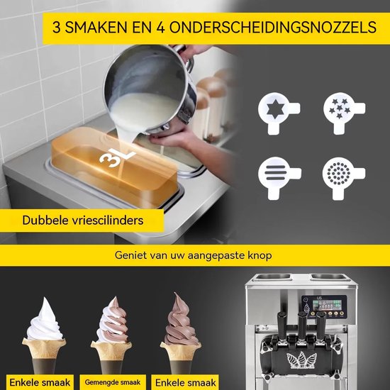VEVOR Softijsmachine - Commerciële ijsmachine - 2 x 3 L trechters - 3 smaken - 18 L per uur - LCD bediening - Horeca en thuis - 220 V - Rvs van Vevor — afbeelding 5
