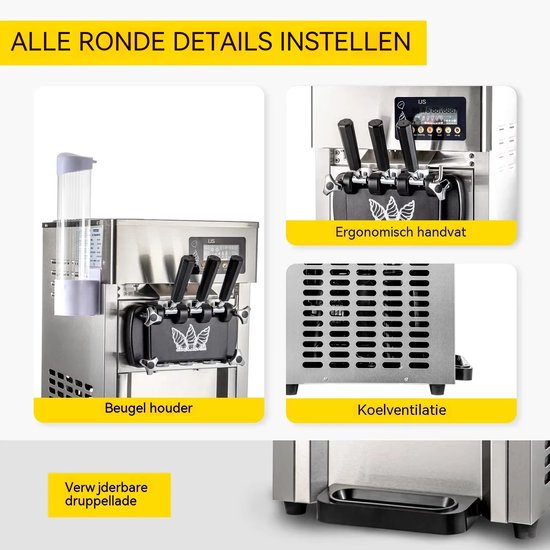 VEVOR Softijsmachine - Commerciële ijsmachine - 2 x 3 L trechters - 3 smaken - 18 L per uur - LCD bediening - Horeca en thuis - 220 V - Rvs van Vevor — afbeelding 2