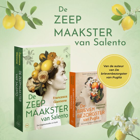 Boekomslag met citroenen en de roman 'De zeep maakster van Salento'.