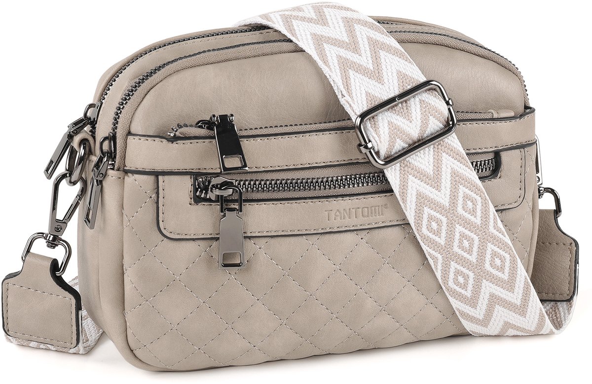 TANTOMI - Schoudertas Dames - Crossbody Tas met Zachte Brede Band - met Meerdere Ritsen - Klein handtas dames - Lichtgrijs