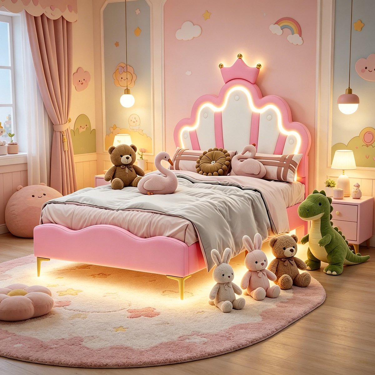 ROSAHQNDA Kinderbed 90x200 cm,eenpersoonsbed， met LED-verlichting, prinsessenbed, kroonbed, meisjesbed/kinderbed, plat bed, PU, ​​roze，zonder matras pink