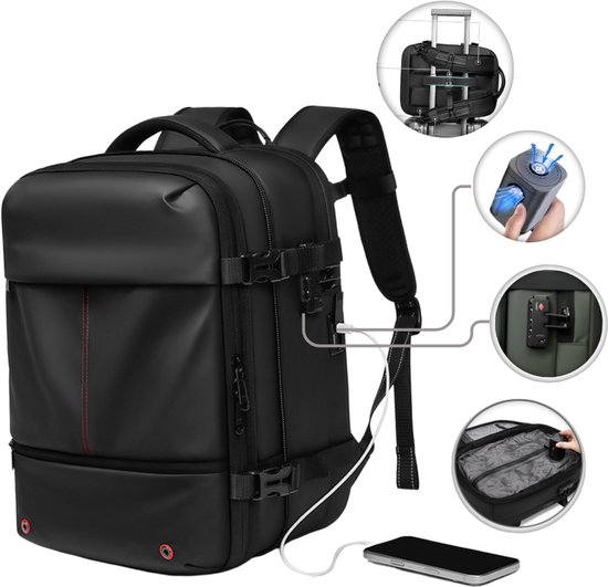 Zwarte rugzak met zijdelingse rode stiksels, met USB-poort en telefoon. Details tonen bagage-inzetstuk, vergrendeling en interieur.