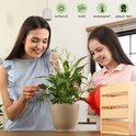 Vrouw en kind verzorgen kamerplanten met houten steunen, met iconen voor zon, wind en temperatuur in de achtergrond.