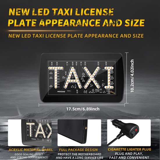 Zwart LED-paneel met 'TAXI' op de printplaat, inclusief accessoires en afmetingen.