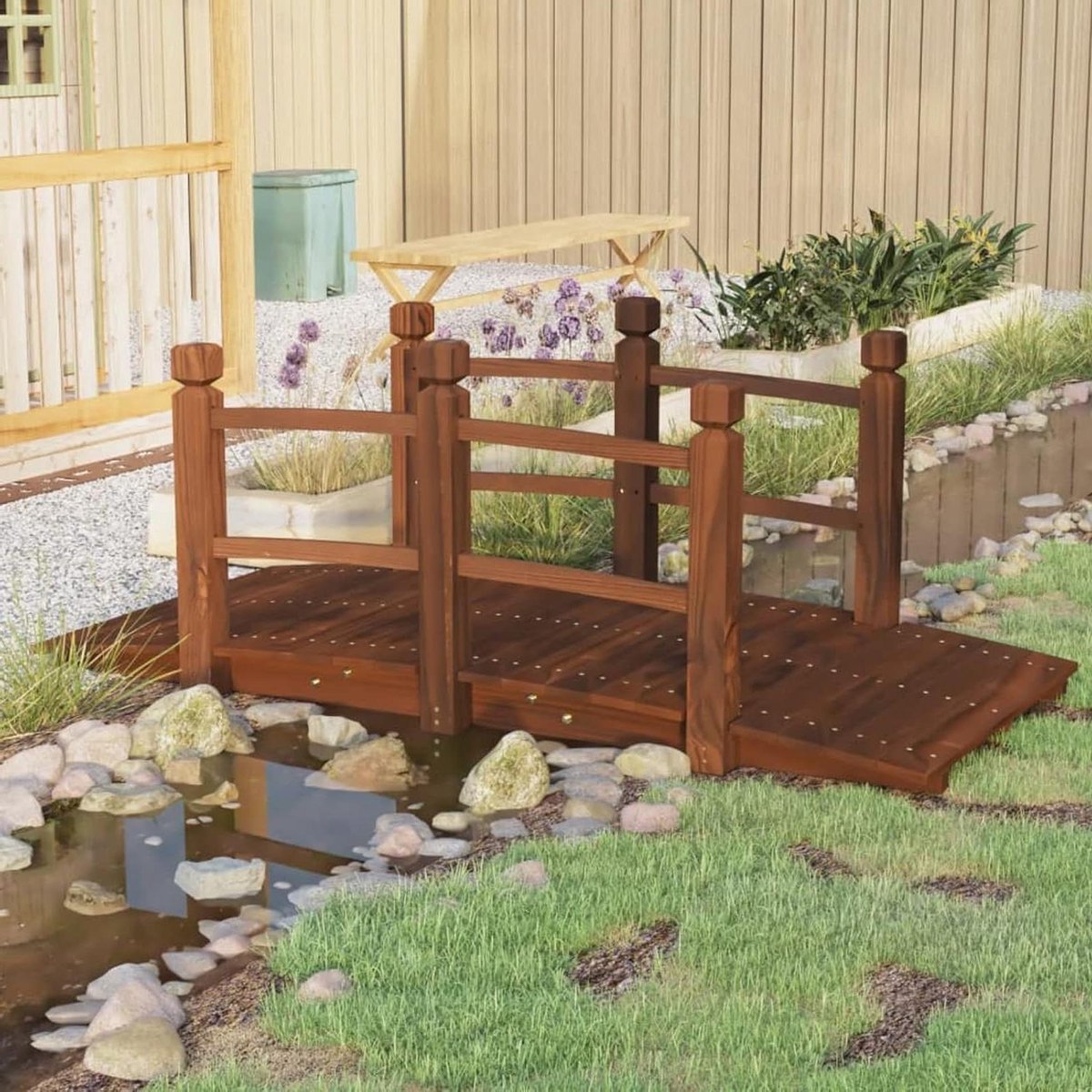 Houten Tuinbrug - Tuindecoratie Brug - Tuin Aankleden - Romantische Flair - 150 x 67 x 56 cm - Houtkleur