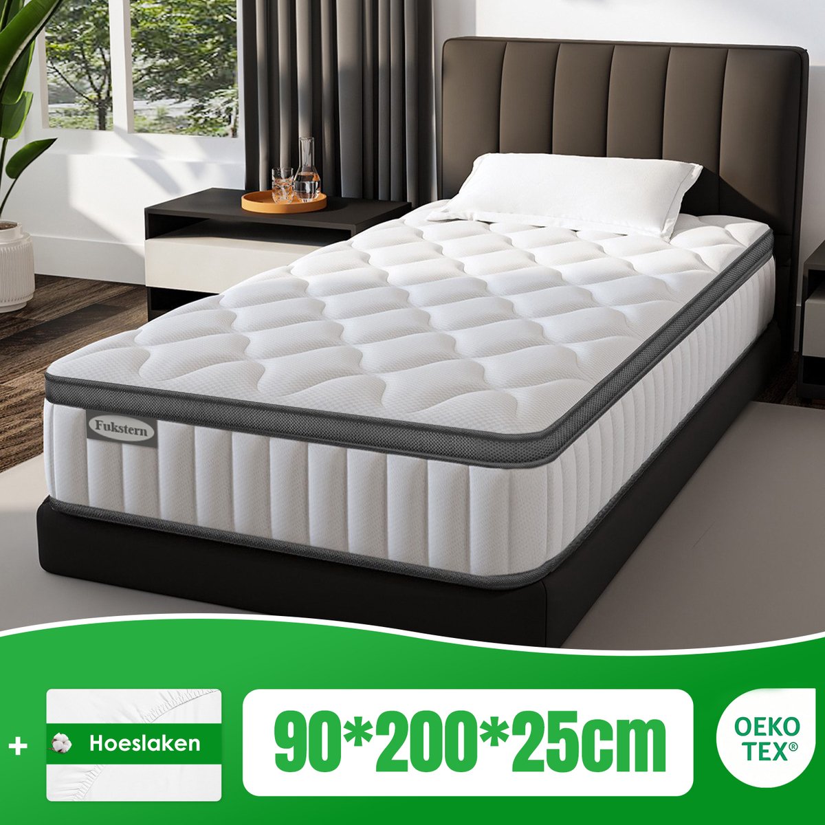 Fukstern Matras 90 x 200 cm - Pocketvering Matras 25cm Dik - 7 zones - OEKO-TEX Gecertificeerd - Anti-Allergische - Orthopedisch Eenpersoonsmatrassen - H3/H4 Medium Hard - 10 Lagen Hoogwaardige Materialen - Voor Kinderen en Volwassenen