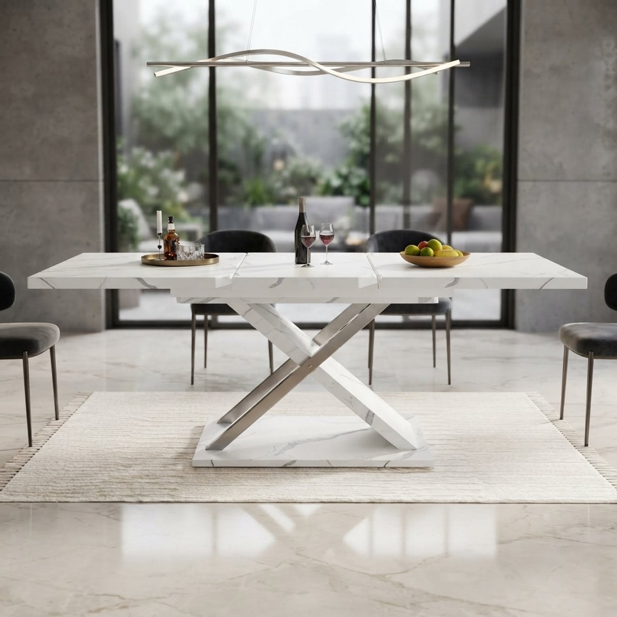 Luxe Marmerlook Eettafel 157 x 75 cm met Zwart Metalen X-Poten - Moderne Rechthoekige Keukentafel voor 4-6 Personen - Verstelbare Poten - Wit Marmer Design - Novihomestore