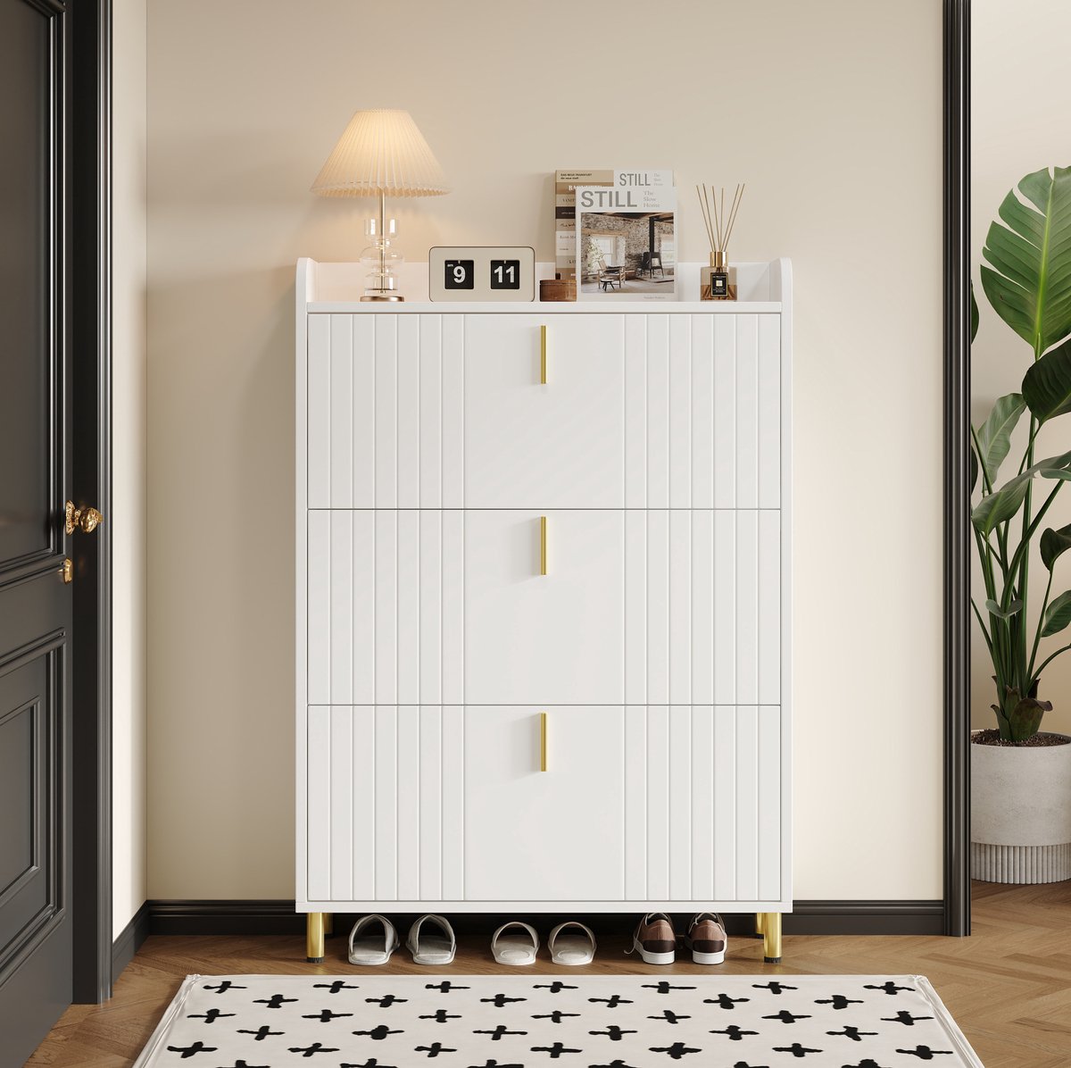 DESMIU Schoenenkast - Smal Ontwerp Met 3 Kleppen En Verstelbare Vakken - Voor Hal En Entree - MDF - 80x23,5x123,5 Cm - Wit