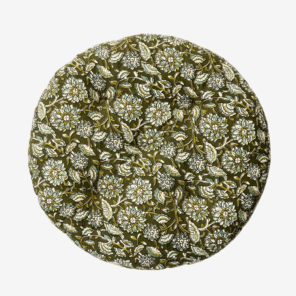 Madam Stoltz - Rond Zitkussen - Groen-Witte Bloemenprint - 100% Katoen