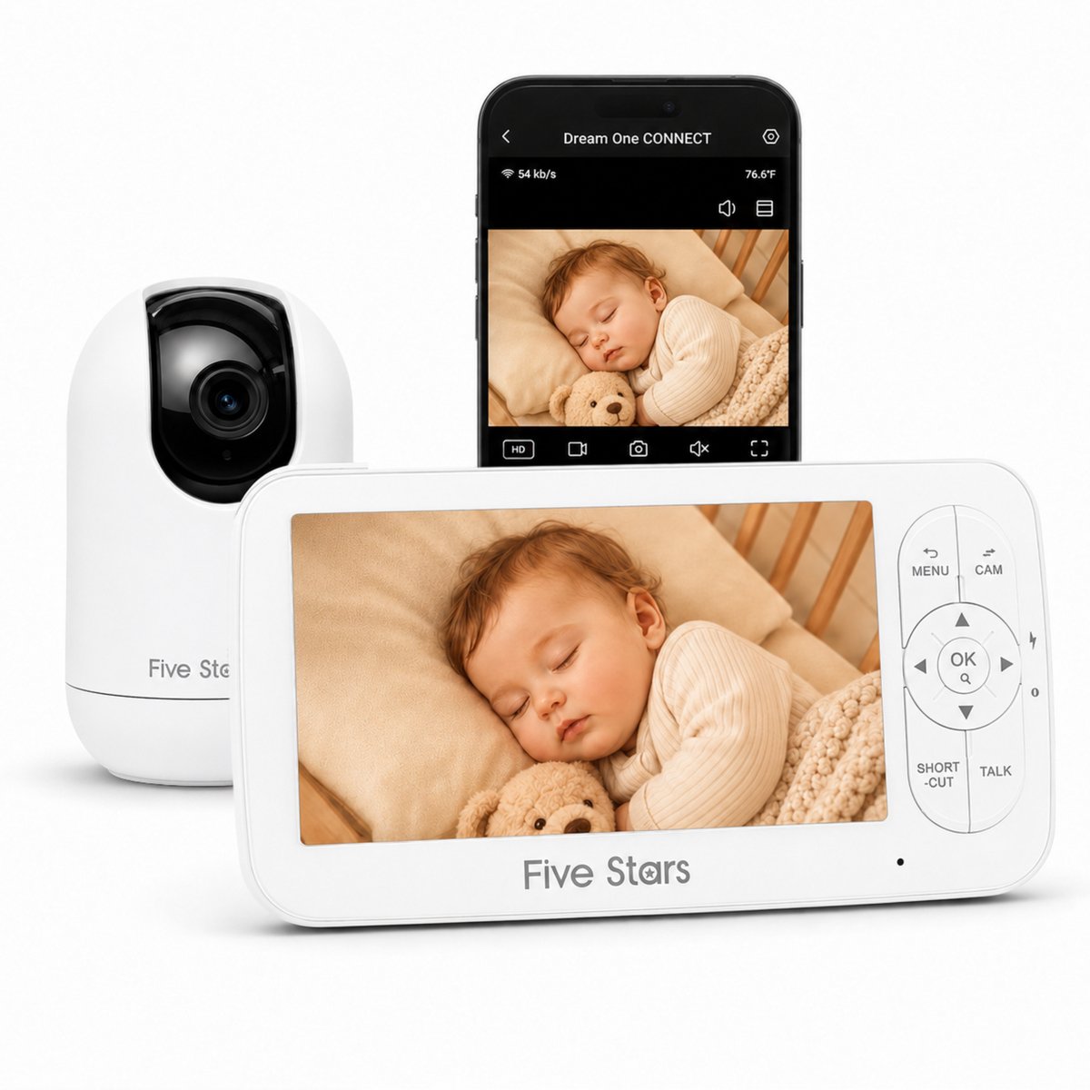 Five Stars® Dream One CONNECT - Babyfoon met Camera en App - 5 inch Display - Baby Monitor - Inclusief Flexhouder - Wit