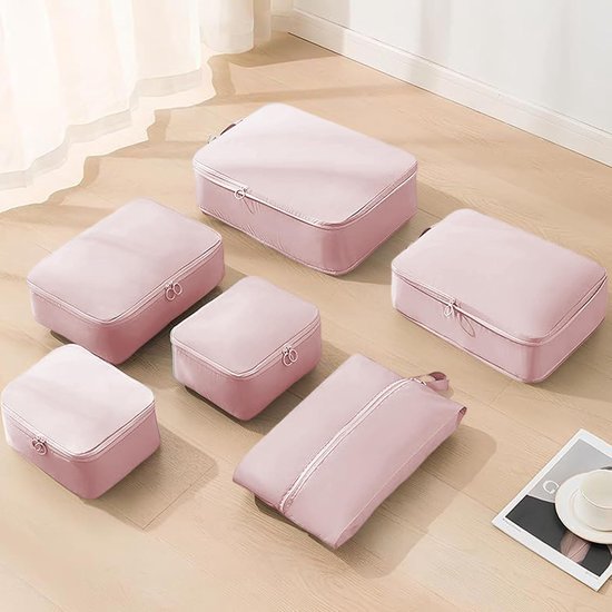 Compressie Verpakking Kubussen - Reis Opbergzakken - Bagage Organiseren - Ruimtebesparend Ontwerp - 6 Stuks Set - Roze — afbeelding 4