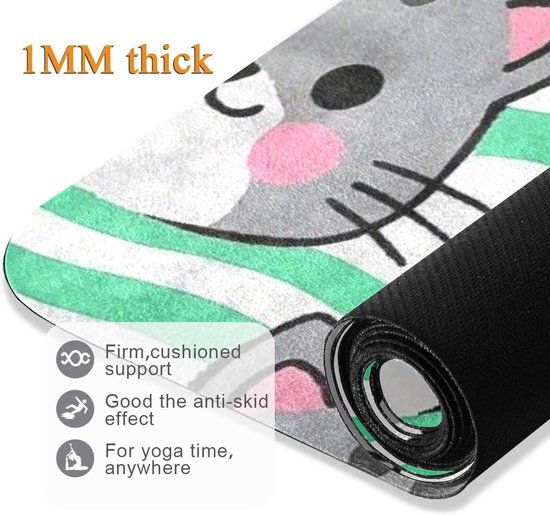 Yoga Mat - Oefenmat Fitness - Thuis Sporten - Antislip Natuurrubber - 180x66 cm - Grijze Kat Cartoon — afbeelding 5