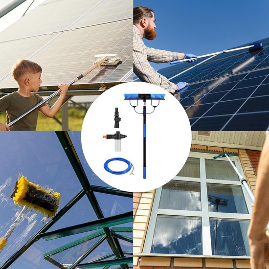 Zonnepaneel-reinigingsborstel, verstelbare watertelescoopsteel met vijf meter lengte, 5 meter telescopische zonneborstel met zeepdispenser en 10 waterslang, voor thuis, buiten, dak, windbescherming — afbeelding 3